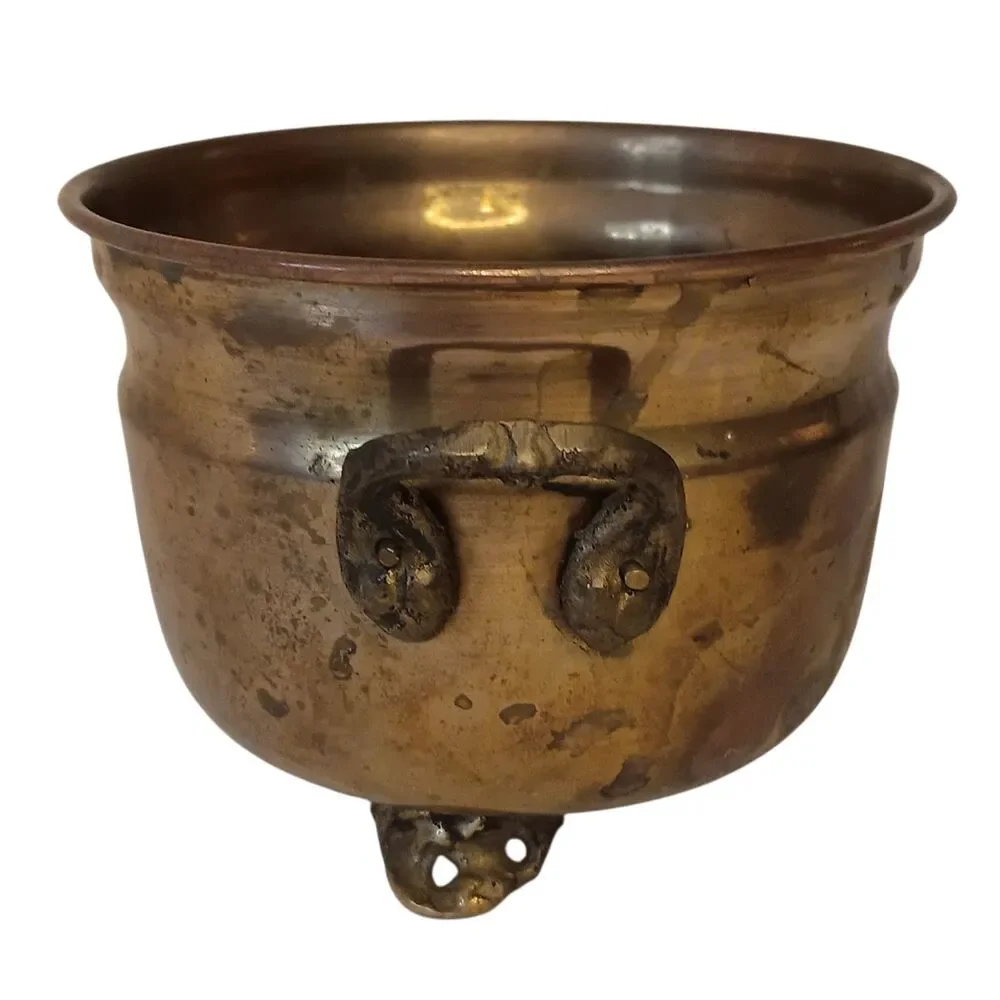 Vintage Small Copper Pot Planter Three Footed & Two Handles Patina 3.25